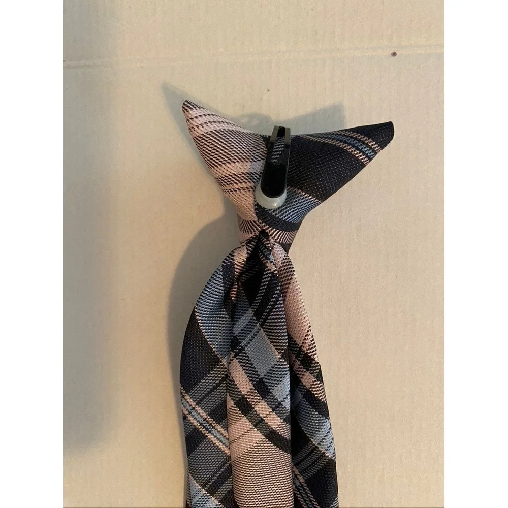 Boys Navy Blue Tan Plaid Clip-On Necktie 14 Inch Formal School Uniform Tie